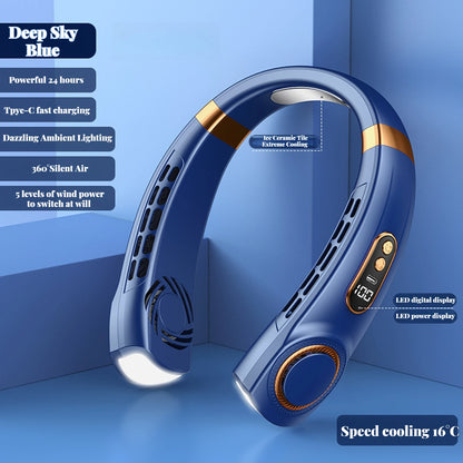 Portable Ice-Cooling Fan with LED Light, Silent Bladeless Halterneck Design