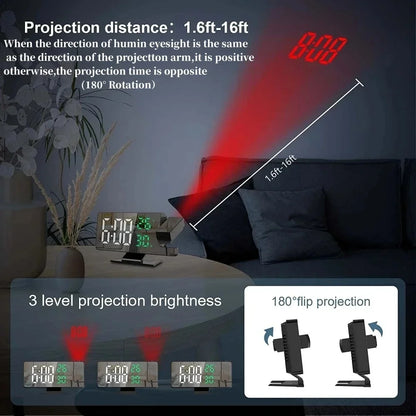 Reloj despertador digital con proyección de brazo de 180°, temperatura, humedad, modo nocturno, repetición de alarma 12/24 h 