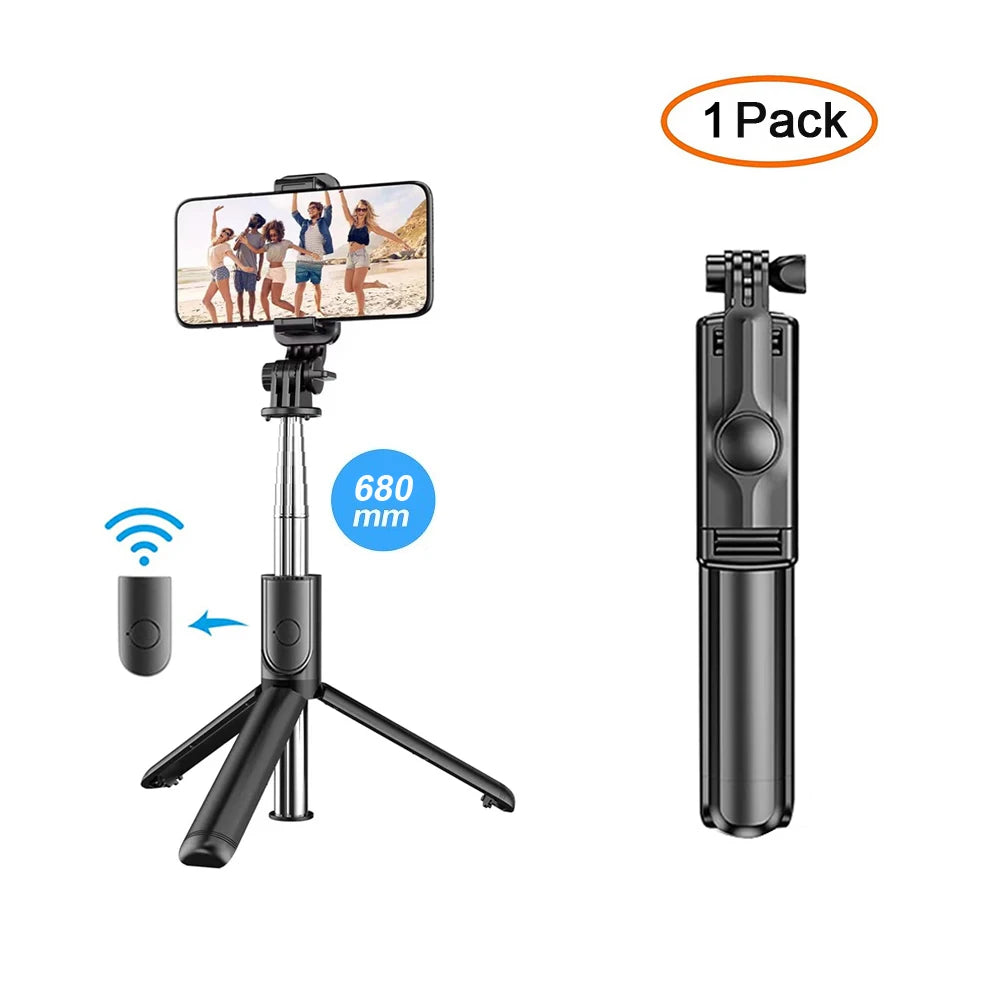 Trípode extensible 3 en 1 con Bluetooth, palo selfi con control remoto y luz de relleno portátil y plegable