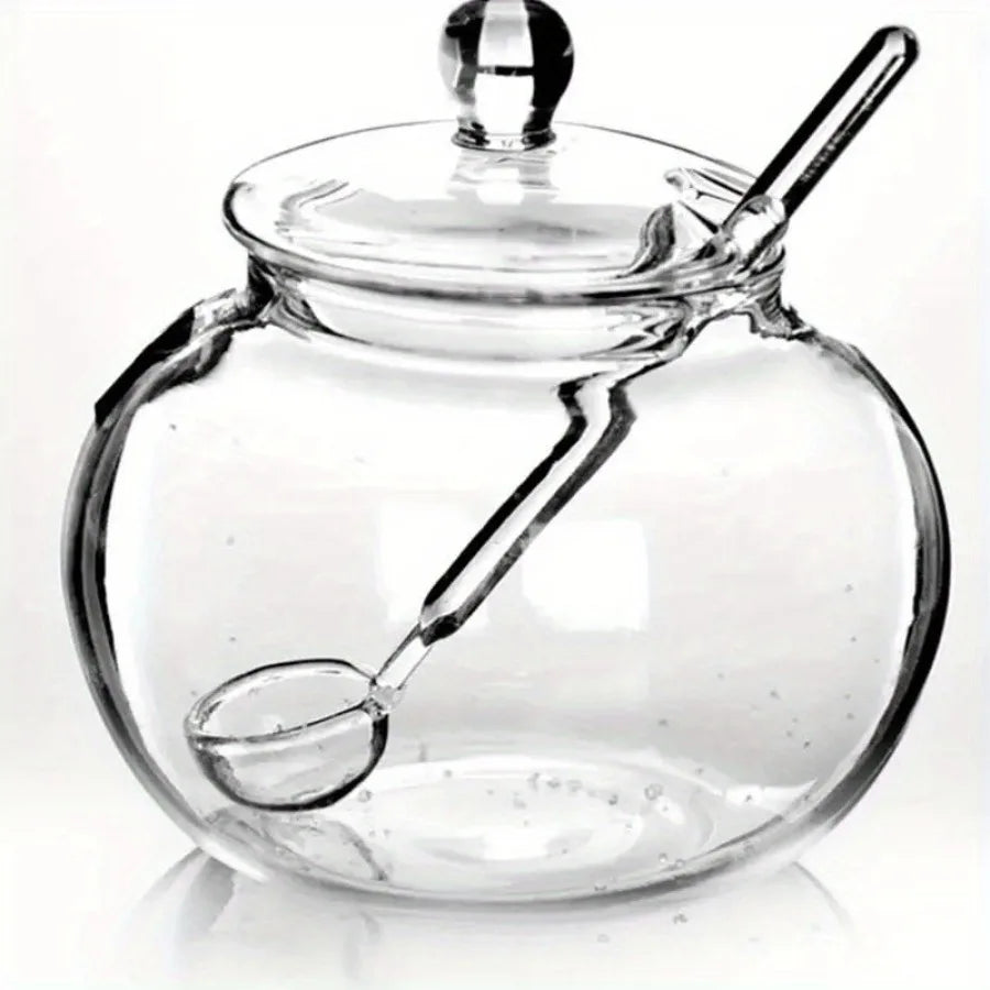 Pote de açúcar transparente de 300ml com tampa e colher doseadora.