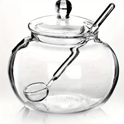 Pote de açúcar transparente de 300ml com tampa e colher doseadora.