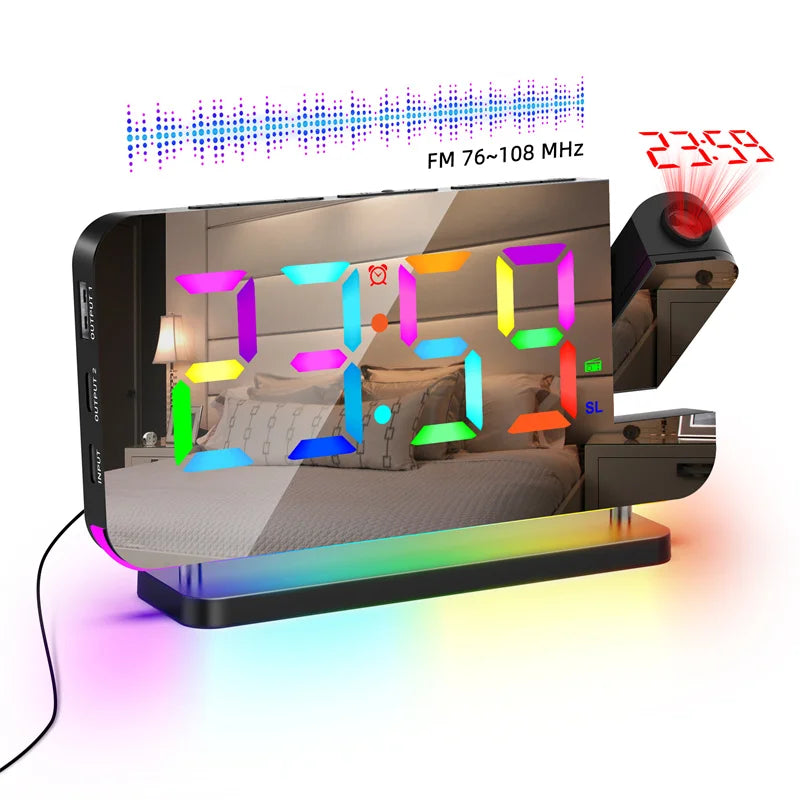 FM Radio 180° Projection Alarm Clock RGB With RGB Night Light 6 Levels Brightness