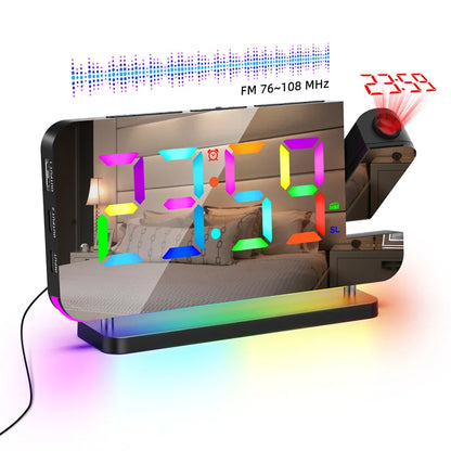 FM Radio 180° Projection Alarm Clock RGB With RGB Night Light 6 Levels Brightness