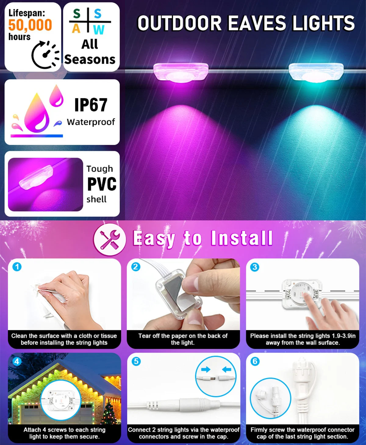 60M Smart RGB Eave Lights App & Remote IP67 Permanent Outdoor LED