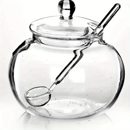 Pote de açúcar transparente de 300ml com tampa e colher doseadora.