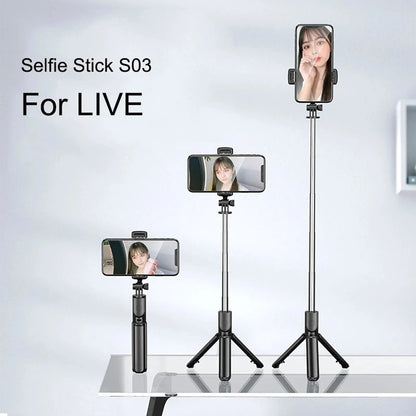 Trípode extensible 3 en 1 con Bluetooth, palo selfi con control remoto y luz de relleno portátil y plegable