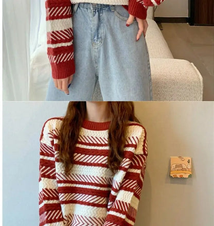 Red Striped Sweater Christmas New Year Woman Top All-match Fashion