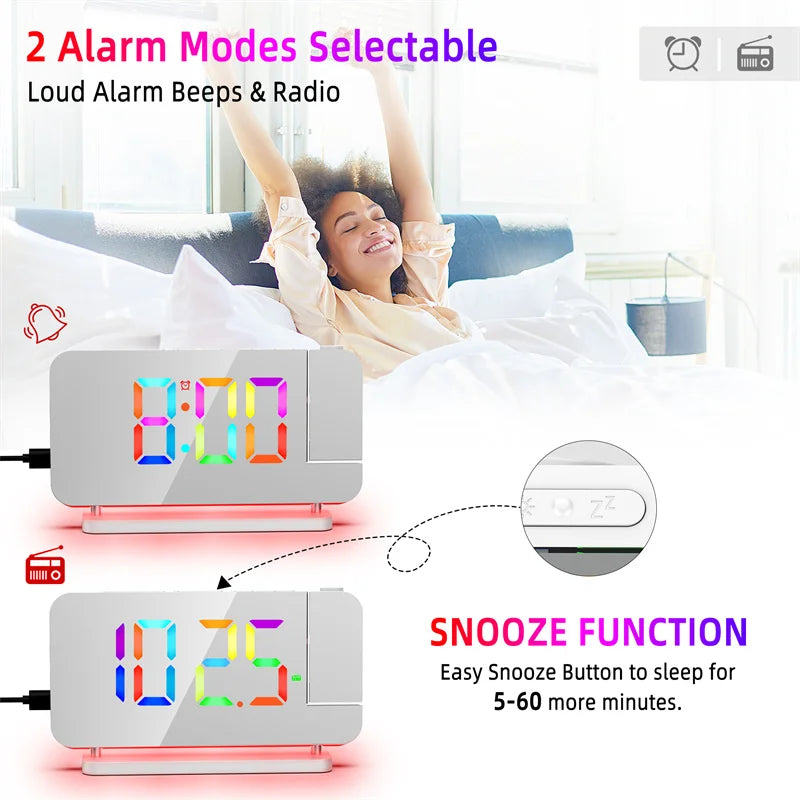 FM Radio 180° Projection Alarm Clock RGB With RGB Night Light 6 Levels Brightness