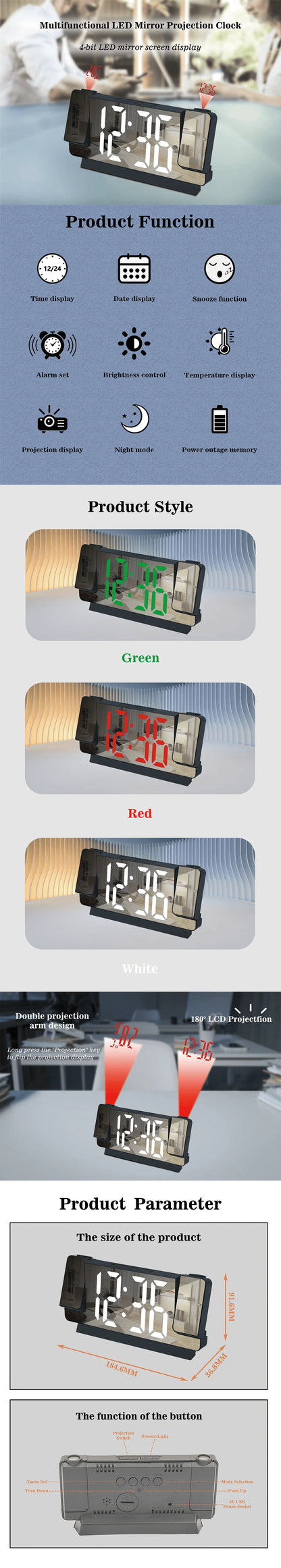 double projection clock LED clock Alarm Clock Digital clock 12/24H