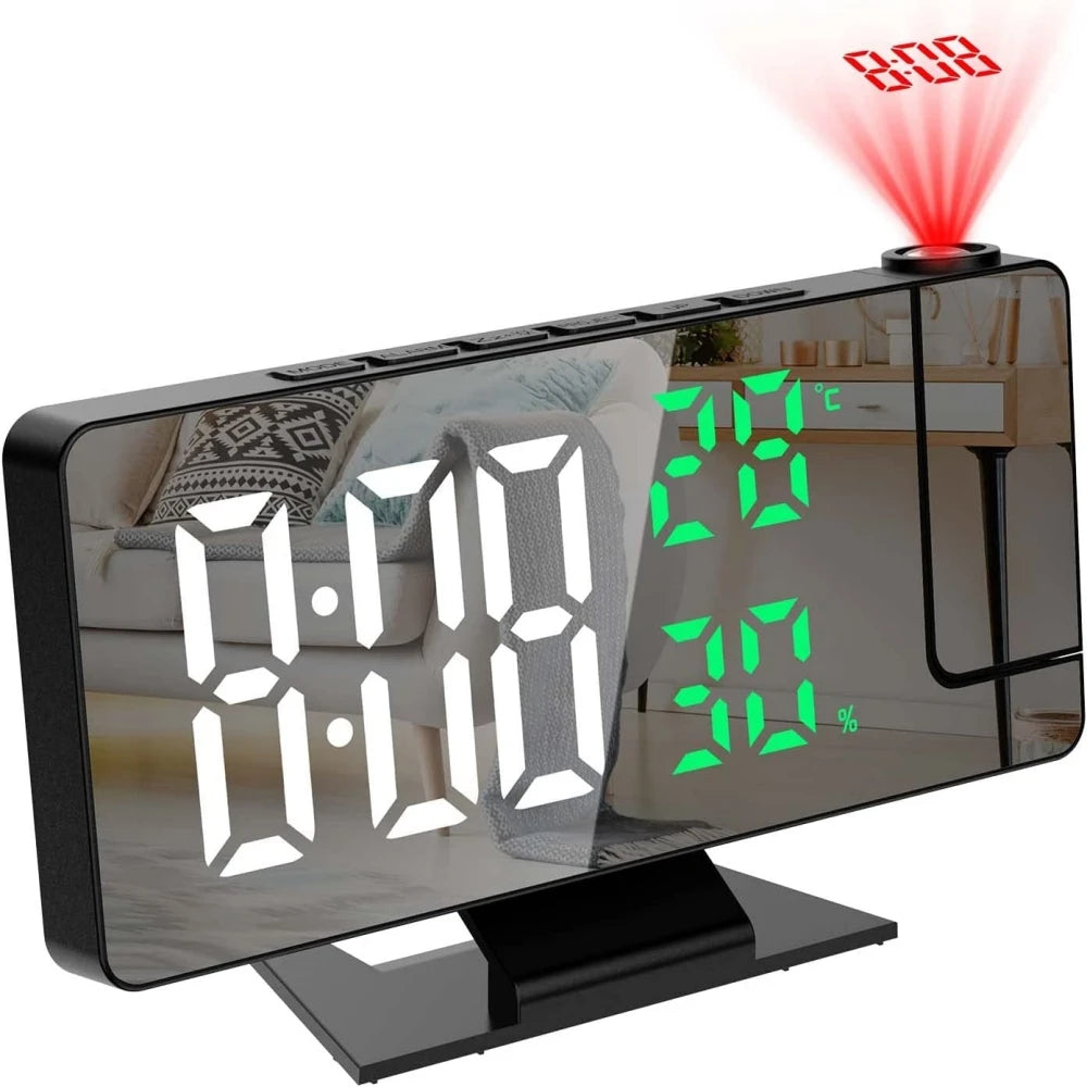 Reloj despertador digital con proyección de brazo de 180°, temperatura, humedad, modo nocturno, repetición de alarma 12/24 h 