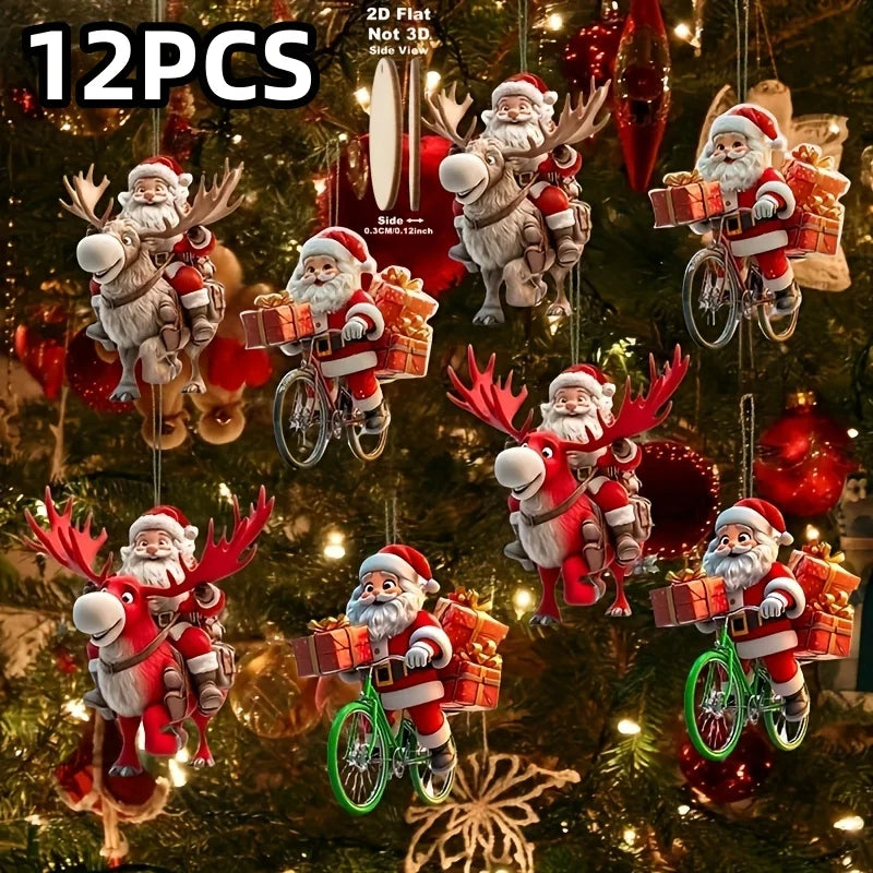 12-Piece Santa Claus Wooden Ornament Set - Perfect for Christmas Trees