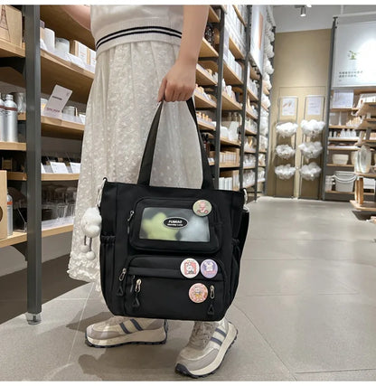 Mochila de camada transparente com vários bolsos e fecho, bolsa exterior grande