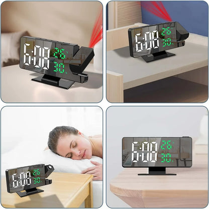 Reloj despertador digital con proyección de brazo de 180°, temperatura, humedad, modo nocturno, repetición de alarma 12/24 h 