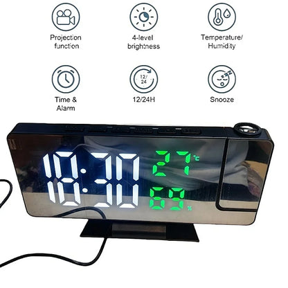Reloj despertador digital con proyección de brazo de 180°, temperatura, humedad, modo nocturno, repetición de alarma 12/24 h 
