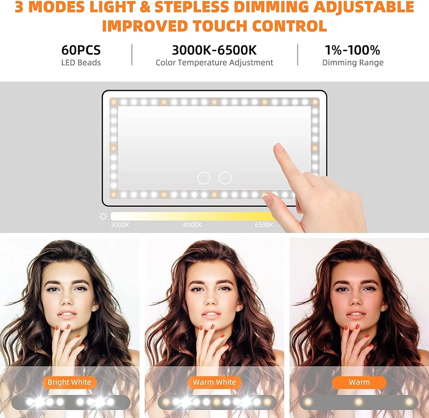 Espejo de vanidad para visera de coche, espejo de maquillaje con 3 modos de luz y 60 LED