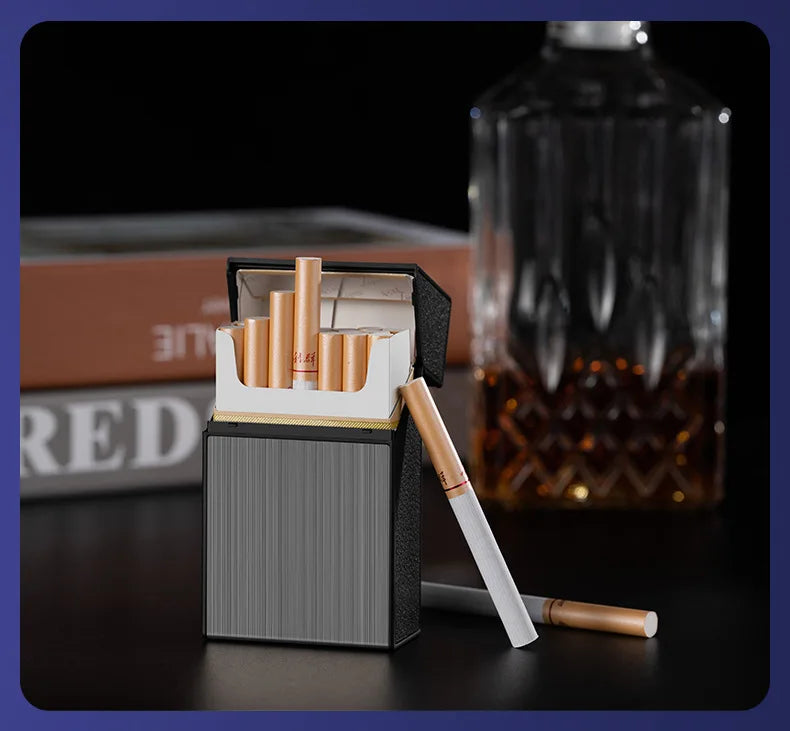 Estuche de cigarrillos 2 en 1, 20 cigarrillos, recargable por USB, electrónico, portátil, a prueba de viento