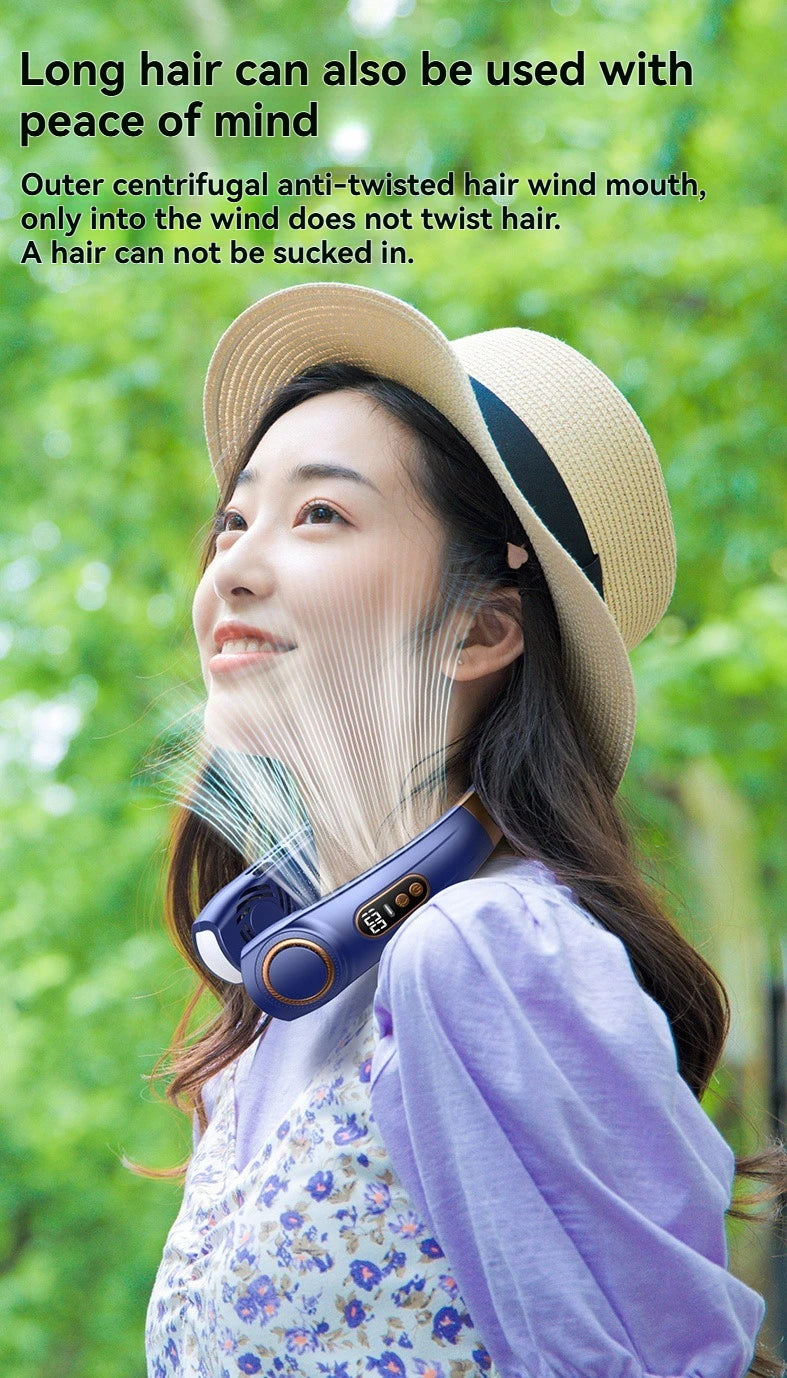 Portable Ice-Cooling Fan with LED Light, Silent Bladeless Halterneck Design