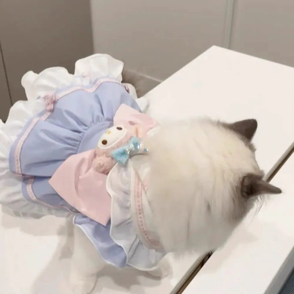 Lolita Cat Dress Princess Pet Clothes, Sweet Cream Color Summer Thin Kitten Dress, Cute Frilly Lace Cat Apparel for Small Cats