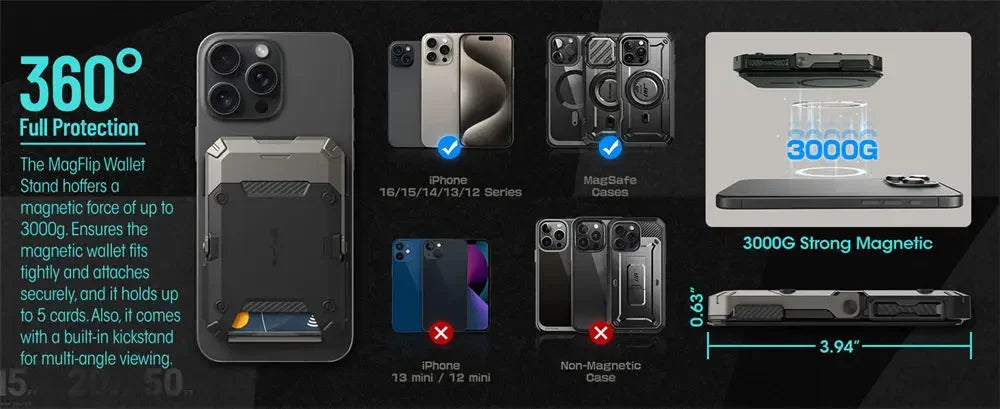 Soporte magnético tipo trípode SUPCASE con tarjetero para iPhone 16/15/14/13/12