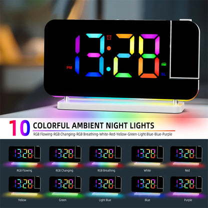 FM Radio 180° Projection Alarm Clock RGB With RGB Night Light 6 Levels Brightness