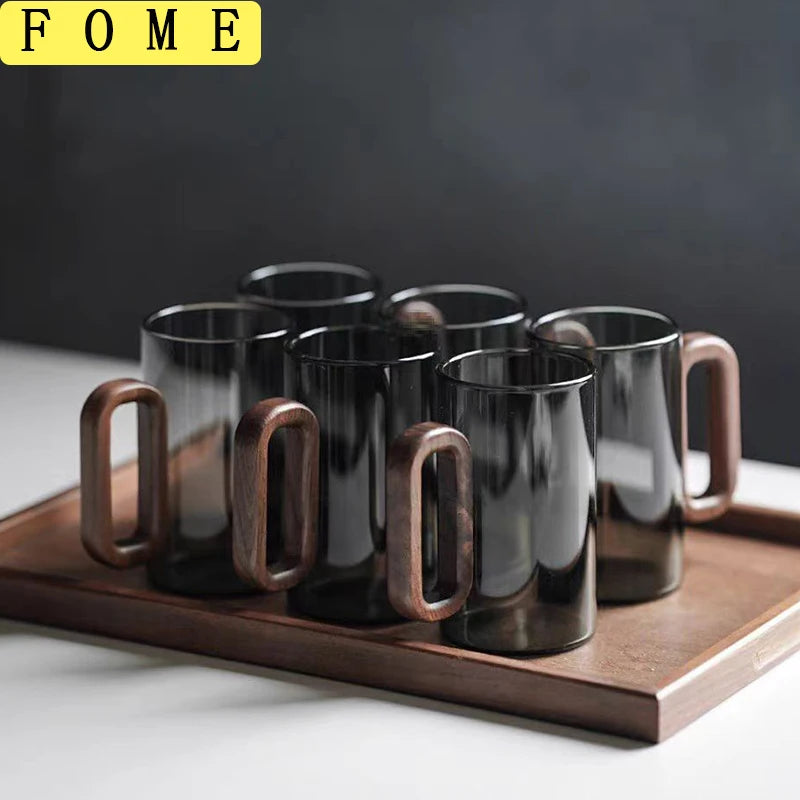 Juego de 2/4/6 tazas de vidrio con mango de madera, resistentes al calor, transparentes