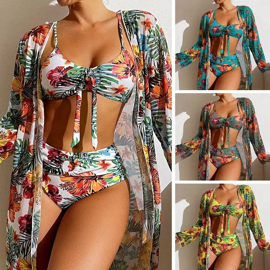 3-Piece Floral Bikini Set with Mesh Cover-Up