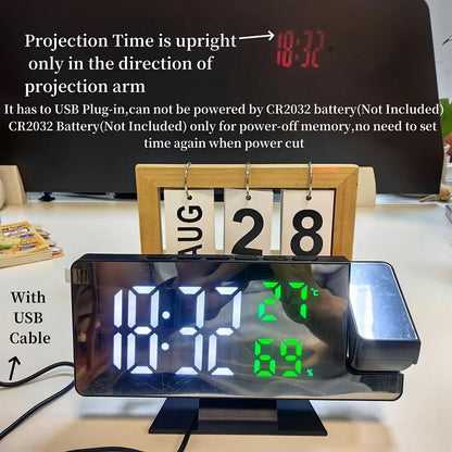 Reloj despertador digital con proyección de brazo de 180°, temperatura, humedad, modo nocturno, repetición de alarma 12/24 h 