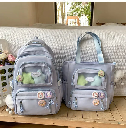 Mochila de camada transparente com vários bolsos e fecho, bolsa exterior grande