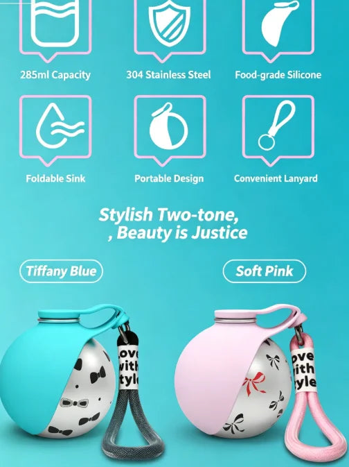 Pet Portable 285ML Water Bottle 304 Stainless Steel Foldable Basin Food-Grade Silicone Blue Pink Outdoor Pet Drinking Solution