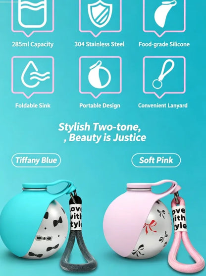 Pet Portable 285ML Water Bottle 304 Stainless Steel Foldable Basin Food-Grade Silicone Blue Pink Outdoor Pet Drinking Solution