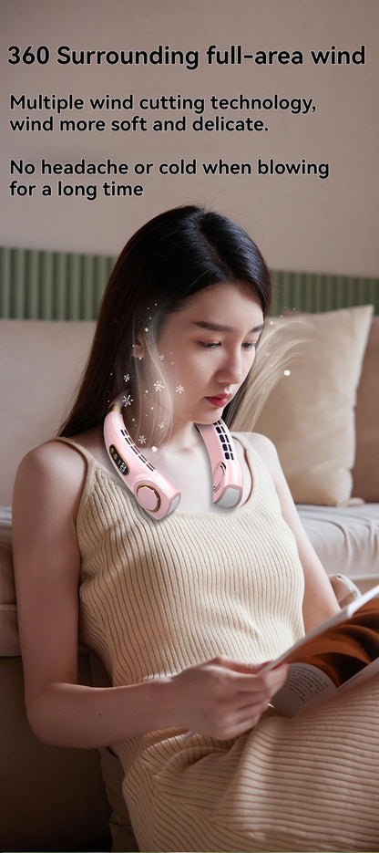 Portable Ice-Cooling Fan with LED Light, Silent Bladeless Halterneck Design