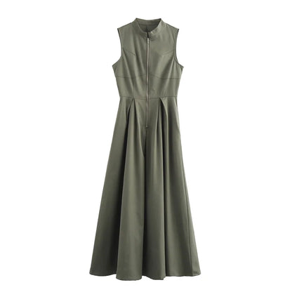 TRAF Vestido comprido com fecho para mulher plissado sem mangas