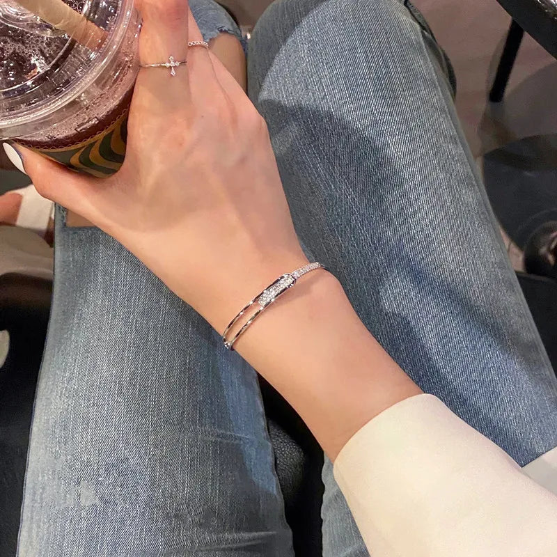 925 Sterling Silver Zirconia Inline Opening Bracelet Glamorous Shiny Hand Jewelry