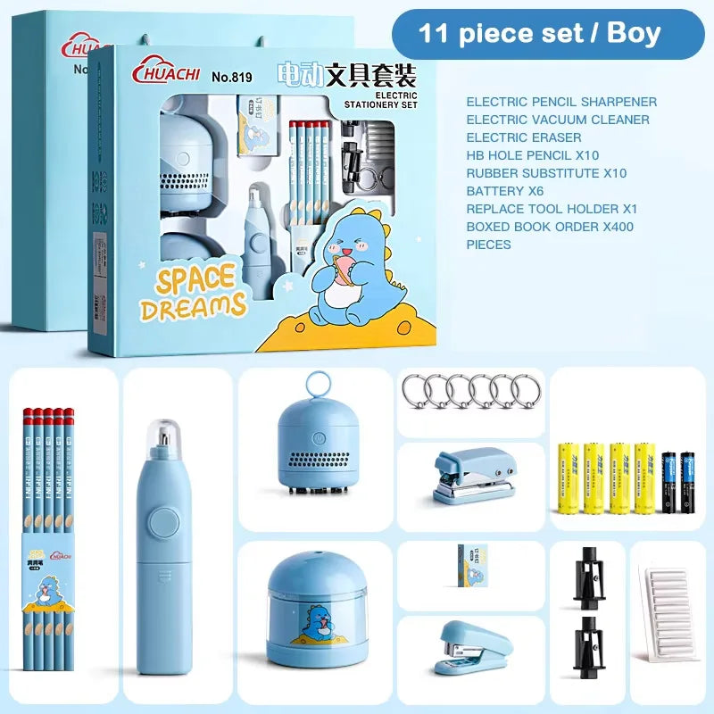 Conjunto de 12 peças de papelaria elétrica para astronautas, afia-lápis elétrico e borrachas