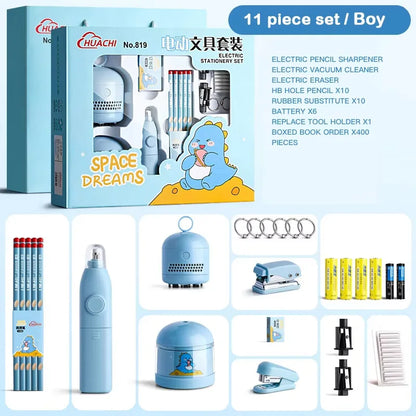 Conjunto de 12 peças de papelaria elétrica para astronautas, afia-lápis elétrico e borrachas