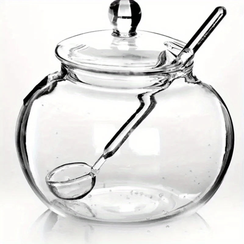 Pote de açúcar transparente de 300ml com tampa e colher doseadora.