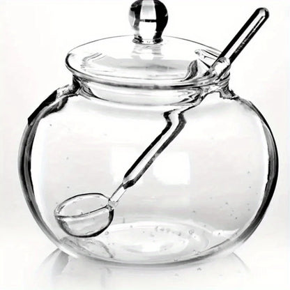Pote de açúcar transparente de 300ml com tampa e colher doseadora.