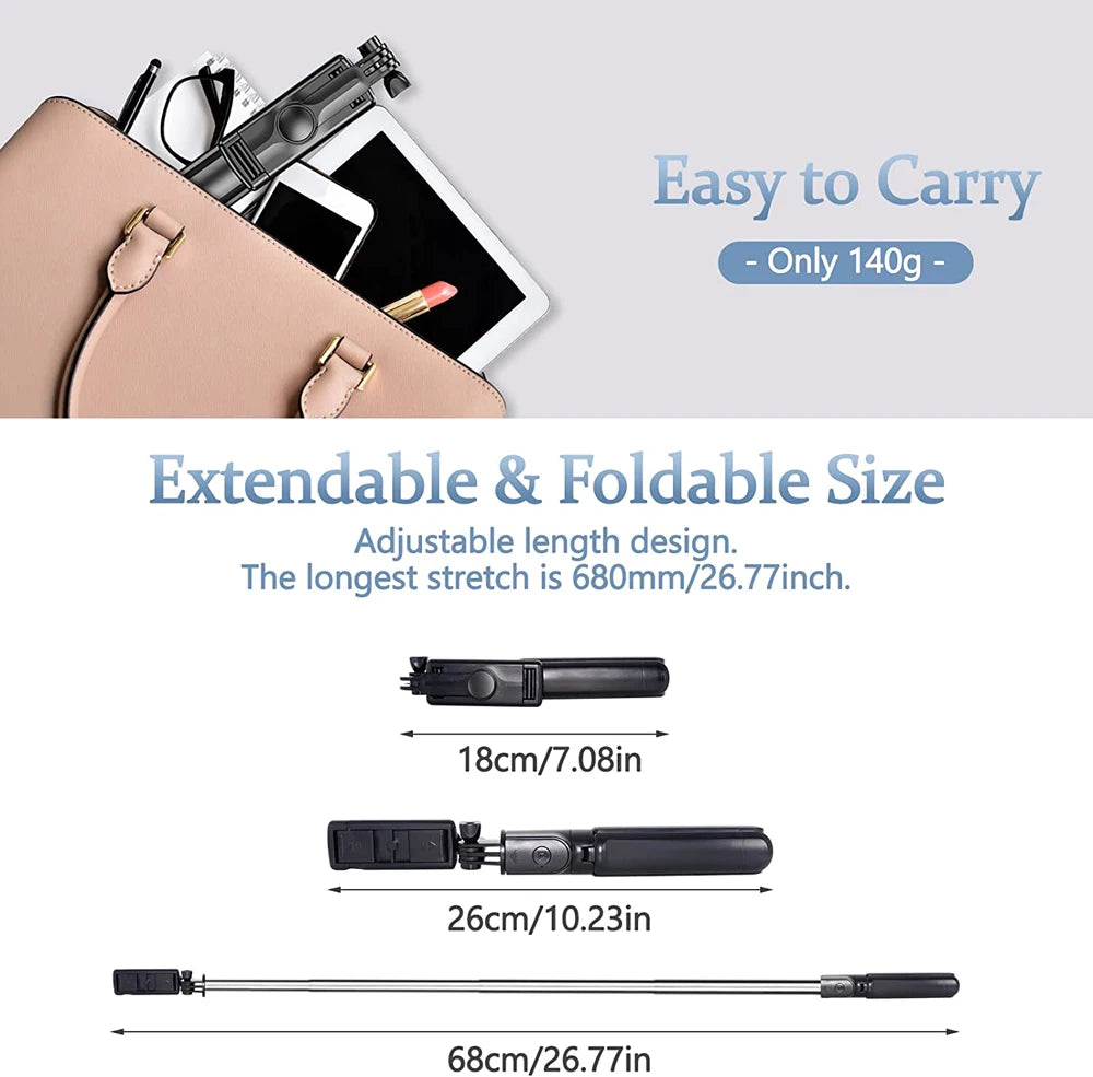 Trípode extensible 3 en 1 con Bluetooth, palo selfi con control remoto y luz de relleno portátil y plegable