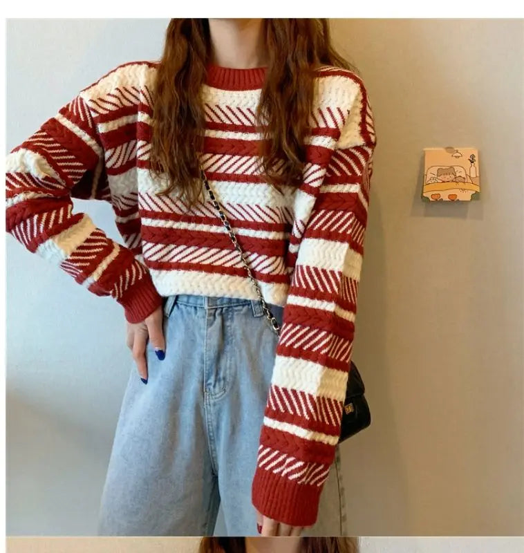 Red Striped Sweater Christmas New Year Woman Top All-match Fashion