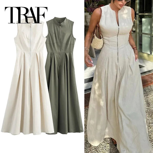 TRAF Vestido comprido com fecho para mulher plissado sem mangas