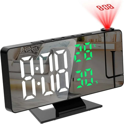 Reloj despertador digital con proyección de brazo de 180°, temperatura, humedad, modo nocturno, repetición de alarma 12/24 h 