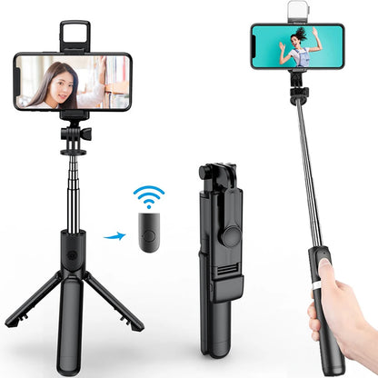 Trípode extensible 3 en 1 con Bluetooth, palo selfi con control remoto y luz de relleno portátil y plegable