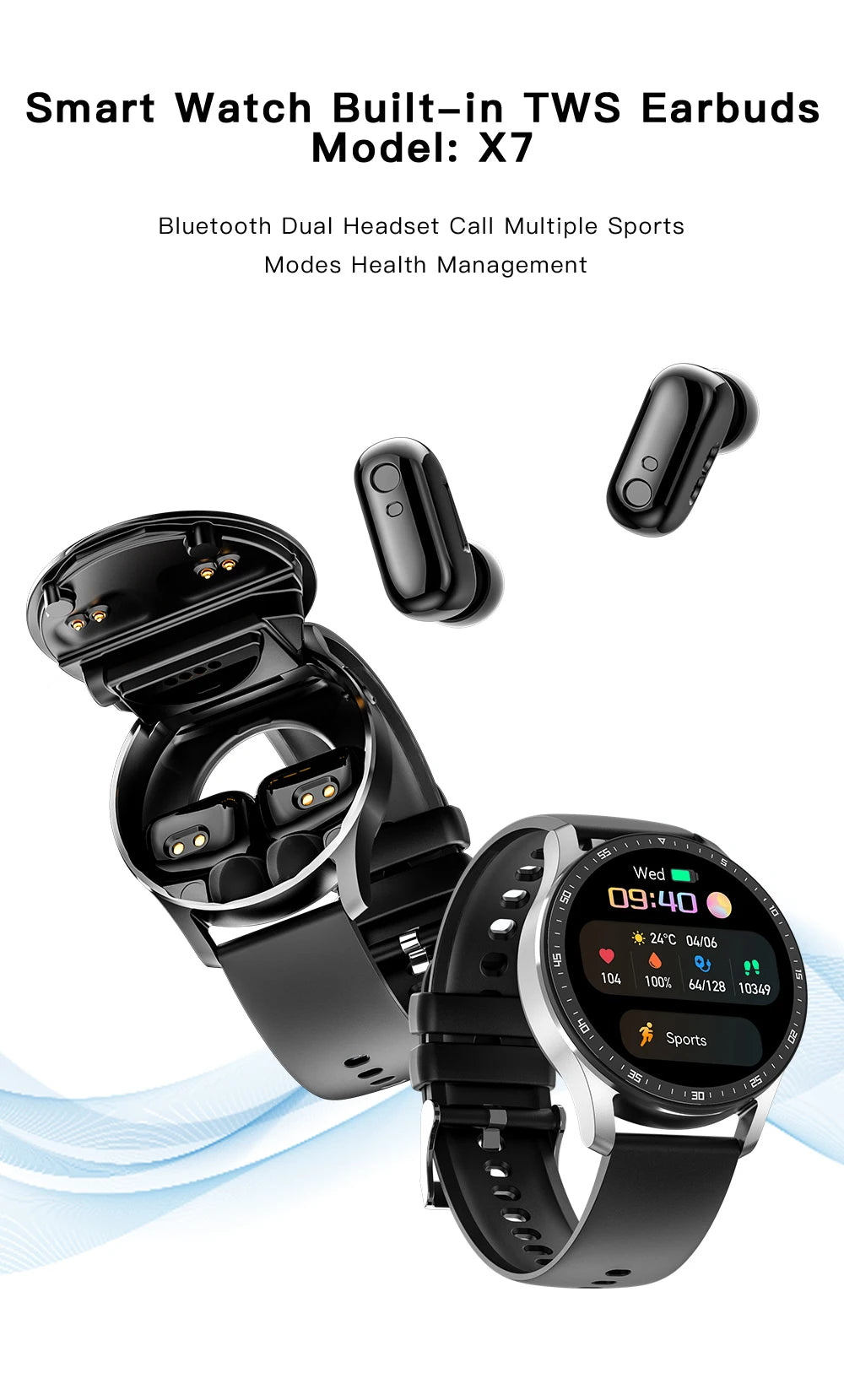 GEJIAN X10 Headset Smart Watch TWS Two In One Wireless Bluetooth Dual Headset Call