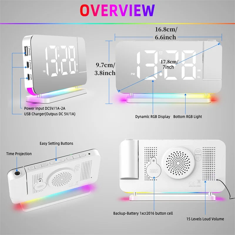 FM Radio 180° Projection Alarm Clock RGB With RGB Night Light 6 Levels Brightness