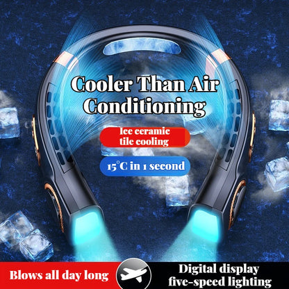 Fan Add Ice Portable Ice-Cooling Fan with LED Light, Silent Bladeless Halterneck D ...