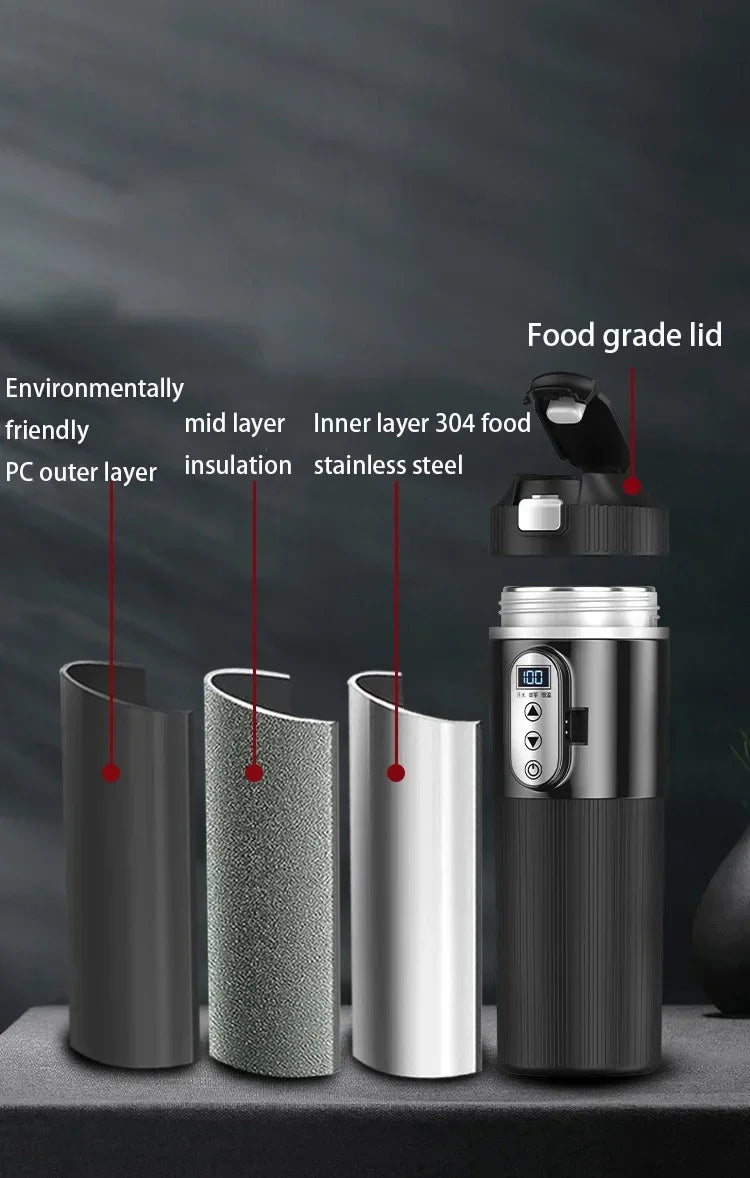 500ml Car Heating Cup Digital LCD Display Stainless Steel Electric Kettle Portable 12/24V