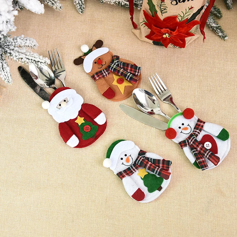 Christmas Elder Snowman Elk Doll Knife And Fork Cutlery Set Cloth