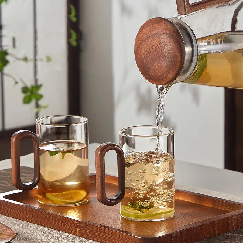 Juego de 2/4/6 tazas de vidrio con mango de madera, resistentes al calor, transparentes