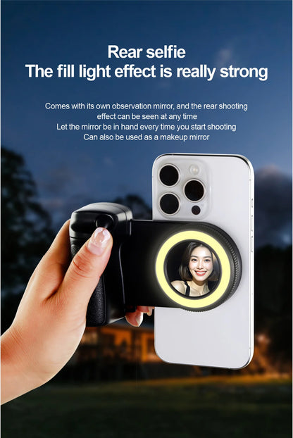 Empuñadura magnética para smartphone con control remoto Bluetooth desmontable de 30 m con luz de relleno, mango para selfis antivibración, soporte para fotos