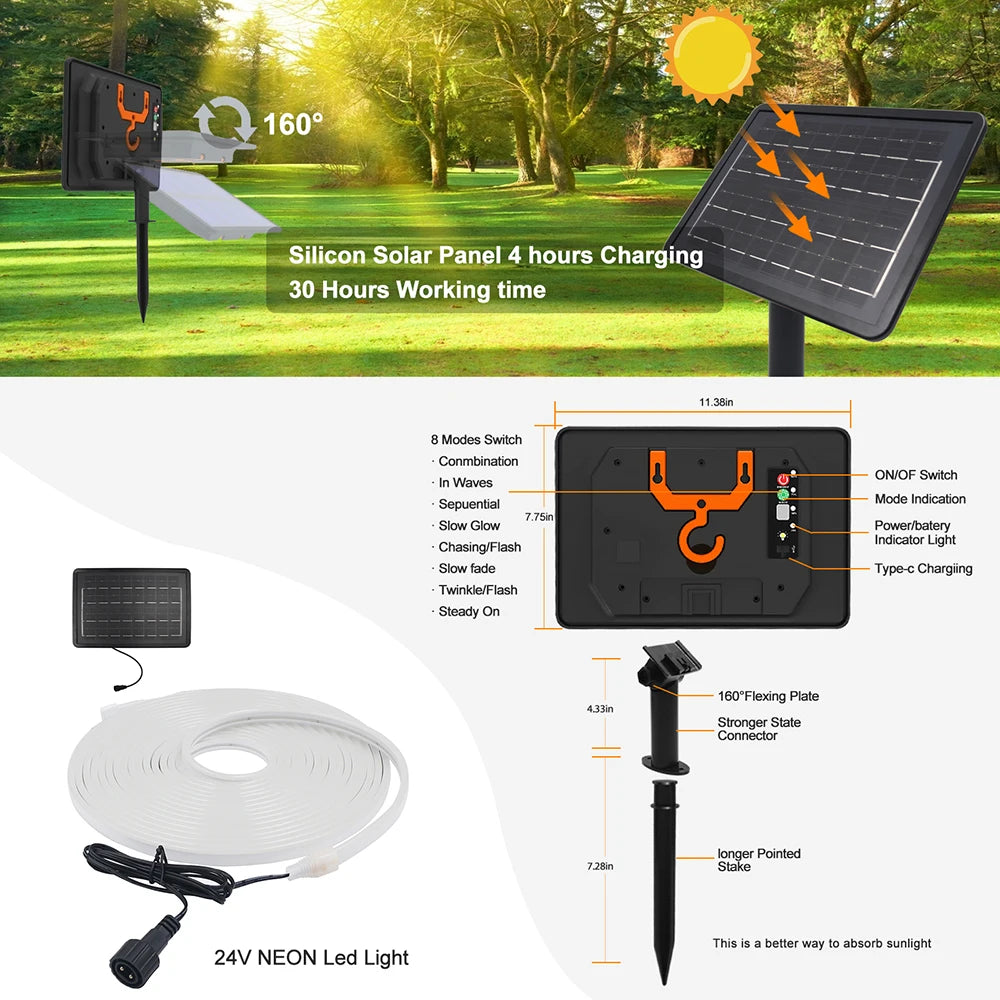 Solar LED Neon Strip Light 5m 10m DC 24V 120LED/m 2835 Flexible Lights 6x12mm Waterproofof